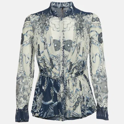 Pre-owned Roberto Cavalli White/blue Floral Print Silk Chiffon Top S