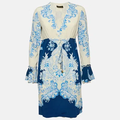 Pre-owned Roberto Cavalli White/blue Floral Print Silk Lace Trimmed Short Dress M