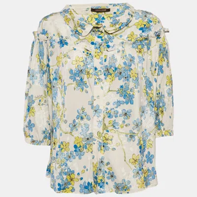 Roberto Cavalli White/blue Floral Print Silk Ruffled Blouse In Black