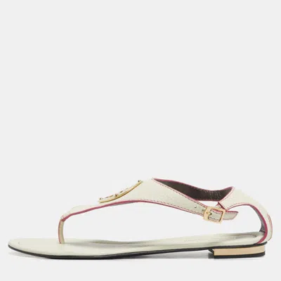 Roberto Cavalli White/pink Leather Gold Logo Thong Flat Sandals