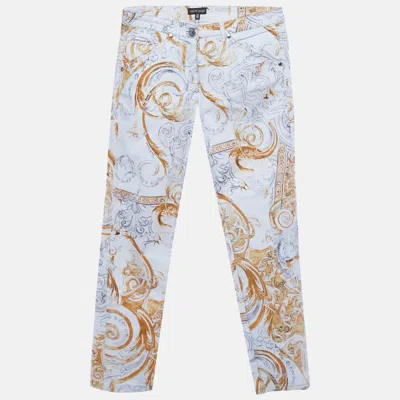 Roberto Cavalli White/yellow Printed Cotton Skinny Jeans