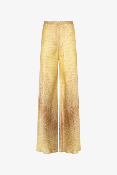 Roberto Cavalli Wide-leg Silk Pants With Beige And Sand Scale Print In Neutral