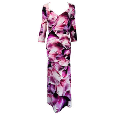 Pre-owned Roberto Cavalli Wine Rose Petal Fantasy Flower Side Draped V Neck Maxi Dress 44 In Red