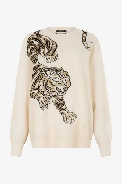 Roberto Cavalli Wool Sweater With Tiger Motif In Neutral