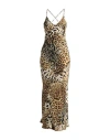 Roberto Cavalli Printed Silk Twill Crisscross Midi Dress In Beige