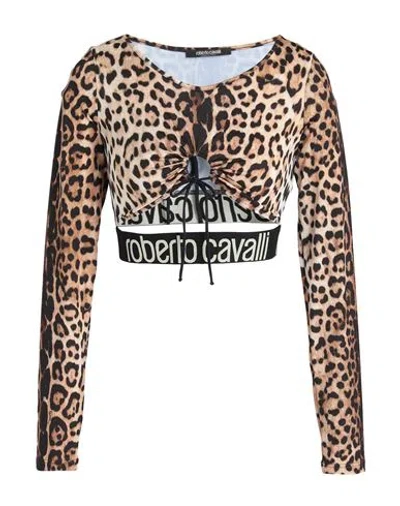 Roberto Cavalli Woman Top Beige Size 10 Polyester, Elastane In Animal Print