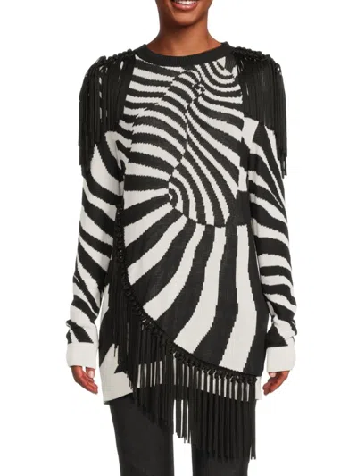 Roberto Cavalli Women's Asymmetrical Striped Tassel Sweatshirt In Black Natural