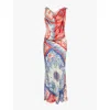 Roberto Cavalli Cowl-neck Graphic-print Silk-stain Maxi Dress In Blu/rosso