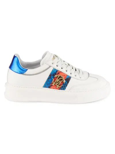 Roberto Cavalli Women's Leather Logo Low Top Sneakers In White Blue