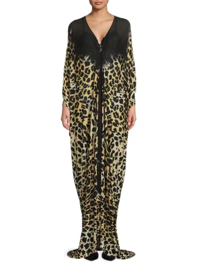 Roberto Cavalli Women's Leopard Print Maxi Caftan Dress In Black Multi