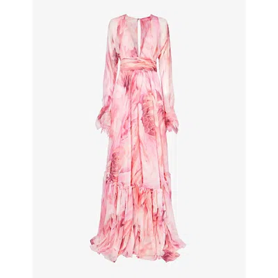 Roberto Cavalli Womens Peonia Floral-print Long-sleeve Silk Maxi Dress