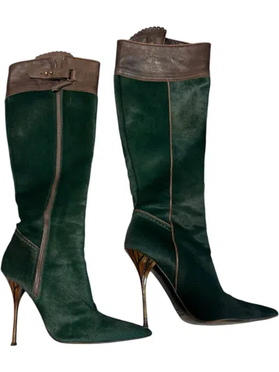 Roberto Cavalli Women's Pony Style Calf Skin Boots In Dark Green & Brown In Multi