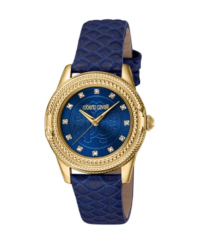 Roberto Cavalli Women's Quartz Blue Leather Watch 32mm In Gold