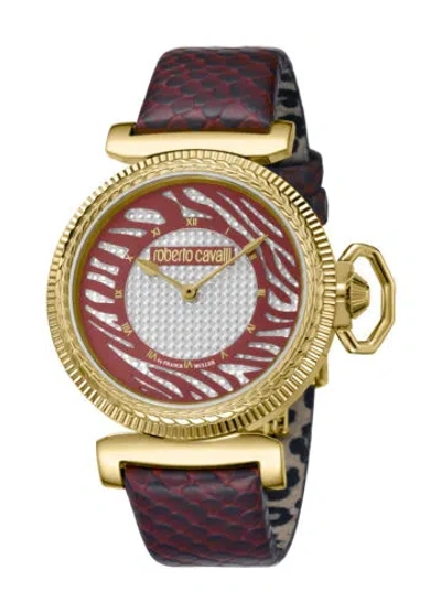 Pre-owned Roberto Cavalli Women's Rv1l056l0036 Gold Ip Steel Burgundy Leather Wristwatch
