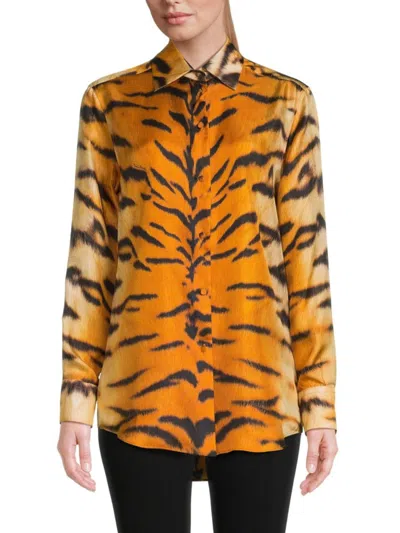 Roberto Cavalli Women's Zebra Print Silk Button Down Shirt In Brown