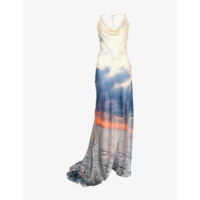 Roberto Cavalli Womens Graphic-print Cowl-neck Silk Maxi Dress Blue