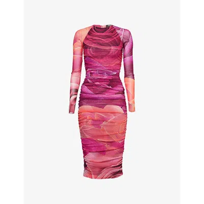 ROBERTO CAVALLI WOMENS ROSA FLORAL-PRINT RUCHED WOVEN MIDI DRESS