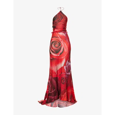 Roberto Cavalli Womens Rosso Halterneck Rose-print Silk Maxi Dress