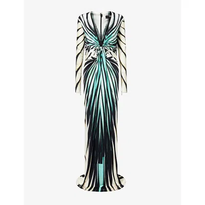 Roberto Cavalli Womens Turchese Plunge Ruched Stretch-woven Maxi Dress In Green