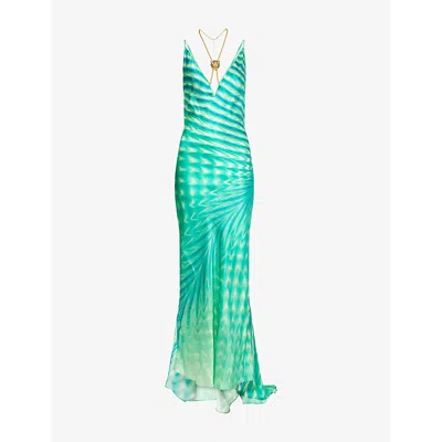 Roberto Cavalli Womens Abstract-print V-neck Silk Maxi Dress Verde