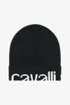 Roberto Cavalli Wool Blend Beanie With Logo In Black & White