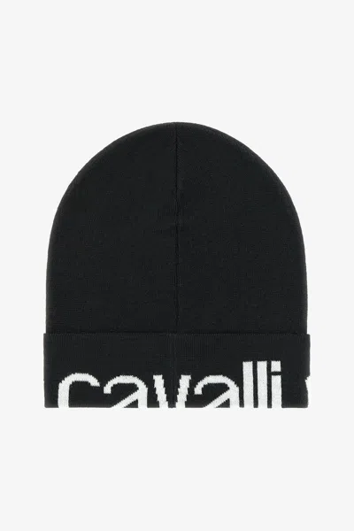 Roberto Cavalli Wool Blend Beanie With Logo In Black