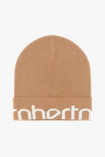 Roberto Cavalli Wool Blend Beanie With Logo In Brown
