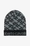 Roberto Cavalli Wool Blend Beanie With Rc Monogram And Logo In Black  - Grey