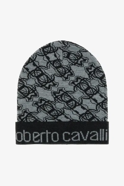 Roberto Cavalli Wool Blend Beanie With Rc Monogram And Logo In Black  - Grey
