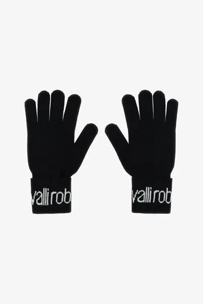 Roberto Cavalli Wool Blend Gloves With Logo In Black