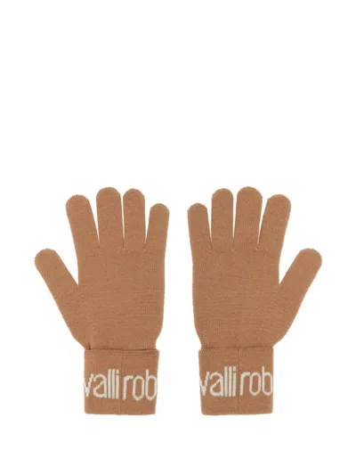 Roberto Cavalli Wool-blend Logo Gloves In Brown