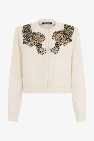 Roberto Cavalli Wool Cardigan With Tiger Embroidery In Neutral