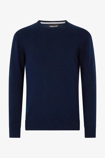 Roberto Cavalli Crew Neck Wool Sweater In Blue
