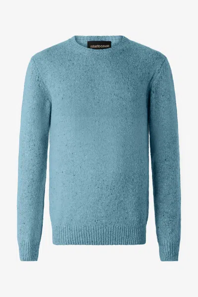 Roberto Cavalli Crew Neck Wool Sweater In Blue Avio