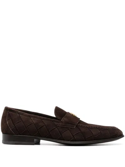 Roberto Cavalli Woven Suede Loafers With Subtle Emblem In Brown