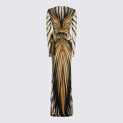 Roberto Cavalli Yellow And Black Viscose Maxi Dress In Black / Gold