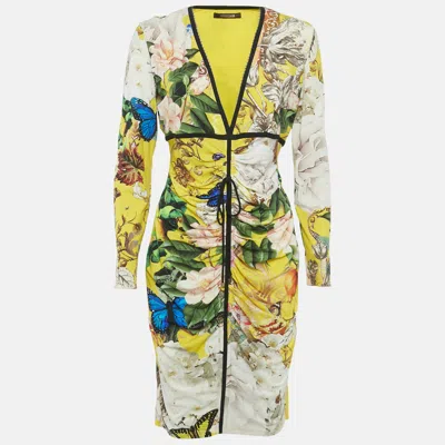 Pre-owned Roberto Cavalli Yellow Floral Print Jersey Ruched Detail Short Dress L