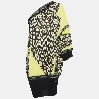 Roberto Cavalli Yellow Printed Silk One Shoulder Top In Multi