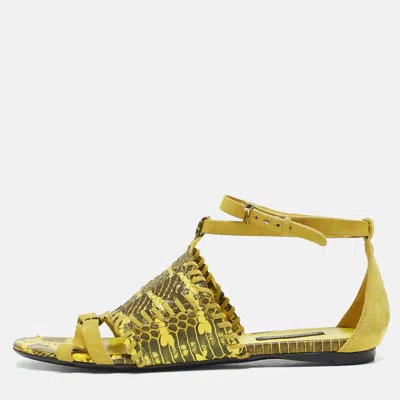 Pre-owned Roberto Cavalli Yellow/black Suede And Snakeskin Ankle Strap Flat Sandals Size 38