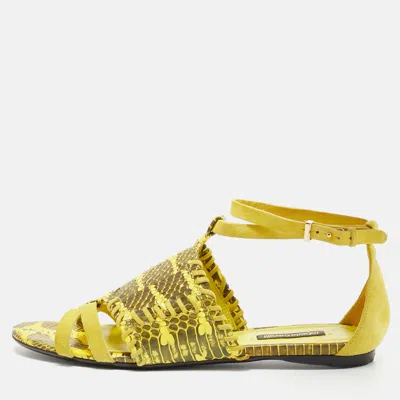 Pre-owned Roberto Cavalli Yellow/black Watersnake Leather Ankle Strap Flat Sandals Size 38
