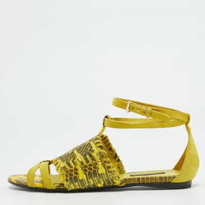 Pre-owned Roberto Cavalli Yellow/green Snakeskin And Suede Slingback Sandals Size 38