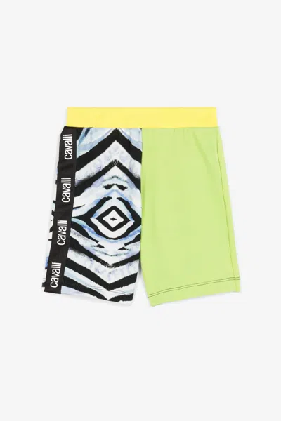 Roberto Cavalli Zebra-print Logo-stripe Shorts In Green/blue