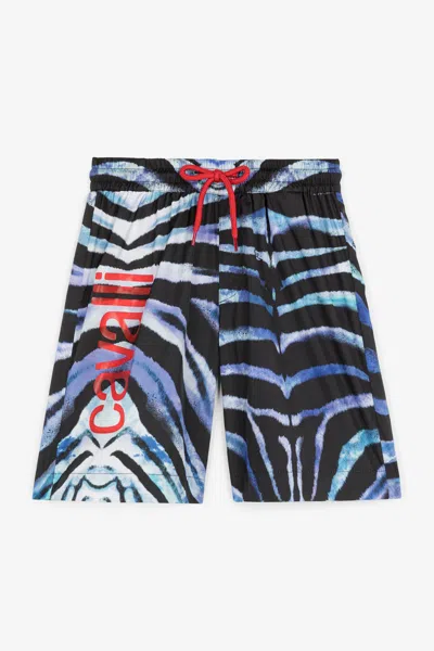 Roberto Cavalli Zebra-print Logo Swim Shorts In Blue