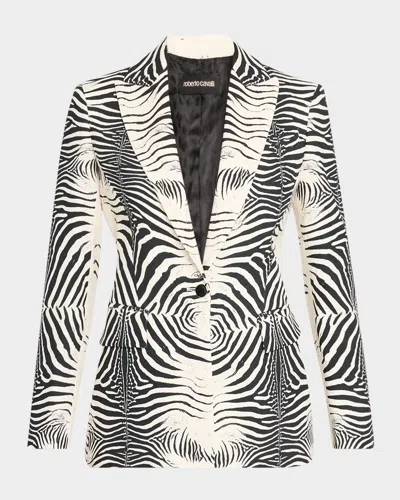 Roberto Cavalli Zebra-print Single-breasted Blazer Jacket In Bianco/nero