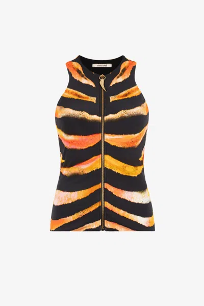 Roberto Cavalli Freedom-print Zip-front Top In Orange/multicolor