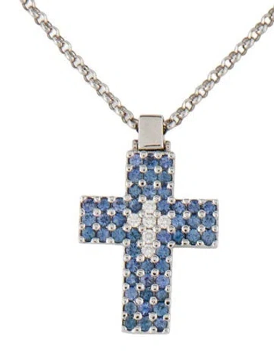 Pre-owned Roberto Coin 18k 1.44ctw Sapphire & Diamond Cross Pendant Necklace, 17.5" In Multi