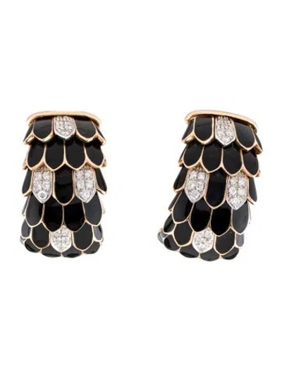 Pre-owned Roberto Coin 18k Diamond & Enamel Feather Clip-on Earrings In Multi