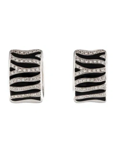 Pre-owned Roberto Coin 18k Enamel & Diamond Zebra Hoop Earrings In Black