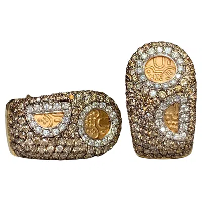 Pre-owned Roberto Coin 18k Fancy Brown White Pavé Diamond Wide Huggie Earrings 4ctw