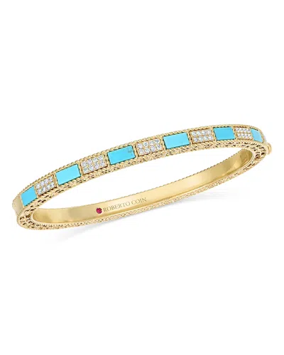 Roberto Coin 18k Gold Mosaic Diamond Pave & Turquoise Bangle Bracelet In Blue/gold